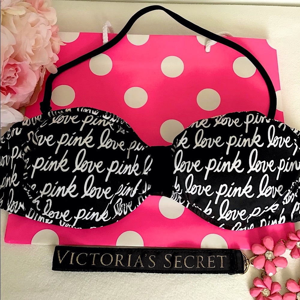 PINK Victoria’s Secret LOVE PINK Black Logo Bikini Top Size XS